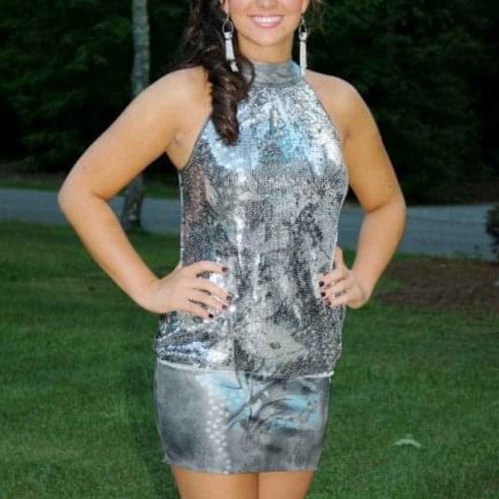 Silver sequin halter dress